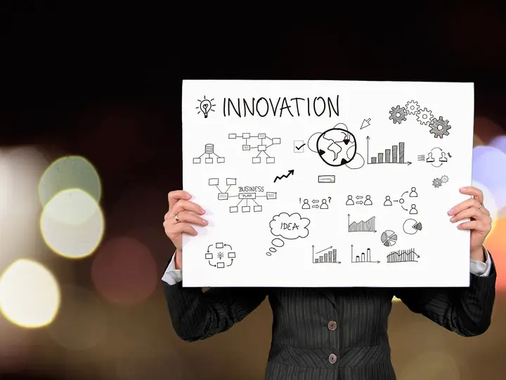 Person holding an innovation concept board